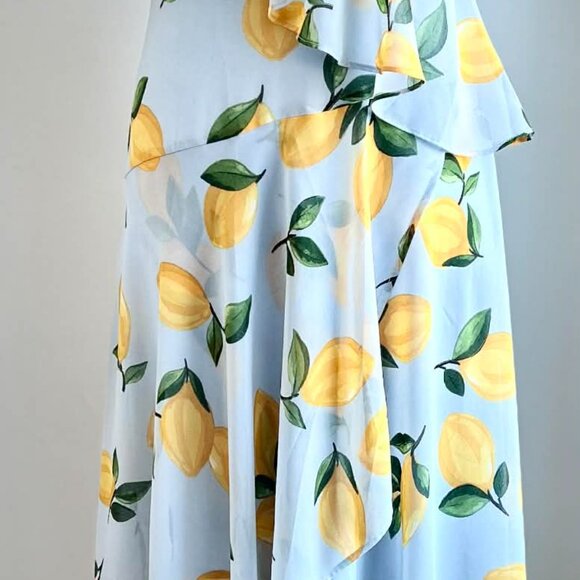 Melanie Lyne Icy Blue Lemon Print Asymmetrical Overlay Chiffon Maxi Dress – US 2 - Picture 2 of 15